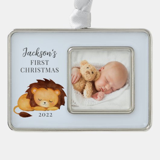 ライオンの初めてのクリスマス写真 シルバープレートフレームオーナメント (正面)