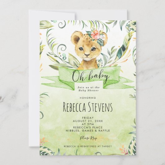 ライオンの小さな熱帯ジャングルのベビーシャワーの招待 招待状 (正面)