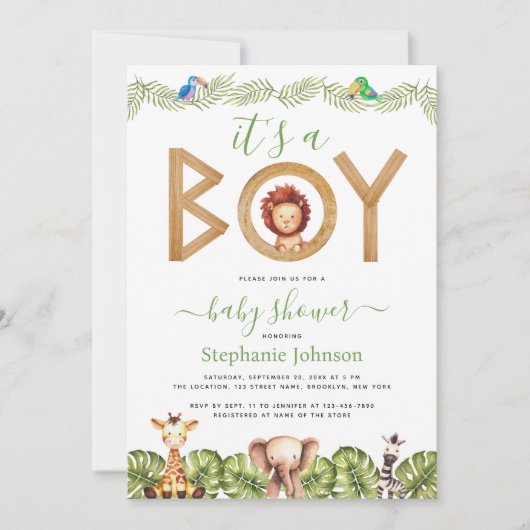 ライオンの少年 赤ちゃんのシャワーパーティー サファリ 動物 ジャングルの葉っぱ 招待状 (正面)