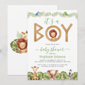 ライオンの少年 赤ちゃんのシャワーパーティー サファリ 動物 ジャングルの葉っぱ 招待状 (正面/裏面)