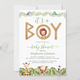 ライオンの少年 赤ちゃんのシャワーパーティー サファリ 動物 ジャングルの葉っぱ 招待状