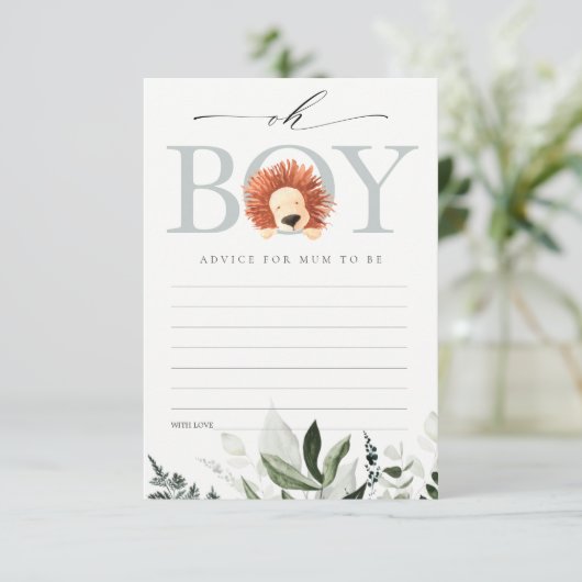 ライオンの葉Oh男の子のアドバイスママの赤ちゃんシャワー エンクロージャーカード (スタンド正面)