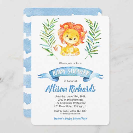 ライオンの赤ちゃんのシャワーおめでとう（男の子）水彩画 招待状 (正面/裏面)