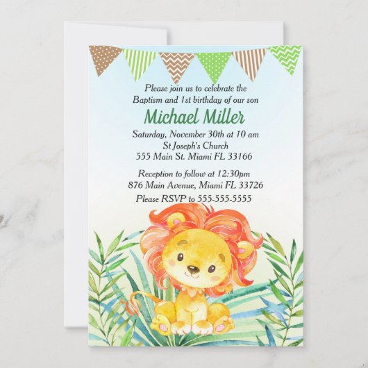 ライオンの赤ちゃんの洗礼＆1歳の誕生日パーティー招待状 招待状 (正面)