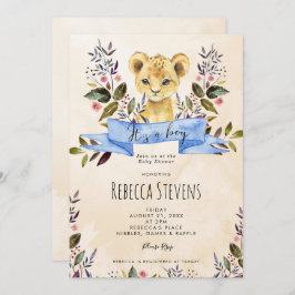 ライオンの赤ちゃんの花柄の男の子のベビーシャワー招待状 招待状