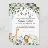 ライオンの赤ちゃんシャワーと緑のサファリ動物 招待状 (正面/裏面)