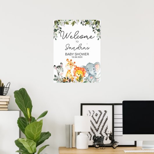 ライオンの赤ちゃんシャワー付きサファリ動物ウェルカムサイン ポスター (ホームオフィス)