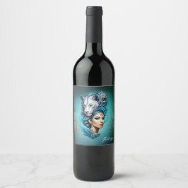 ライオンの頭威厳のあるを持った魅力的な女性 ワインラベル