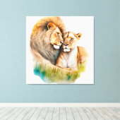 ライオンを愛するオスとメスのライオン キャンバスプリント (インサイチュ (ウッドフロア))