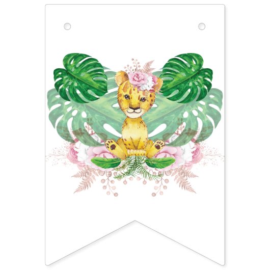 ライオンイラストレーションガールサファリハッピーバースデー バンティングフラッグ (第1の旗)