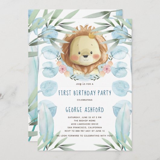 ライオンイラストレーション誕生日 招待状 (正面/裏面)