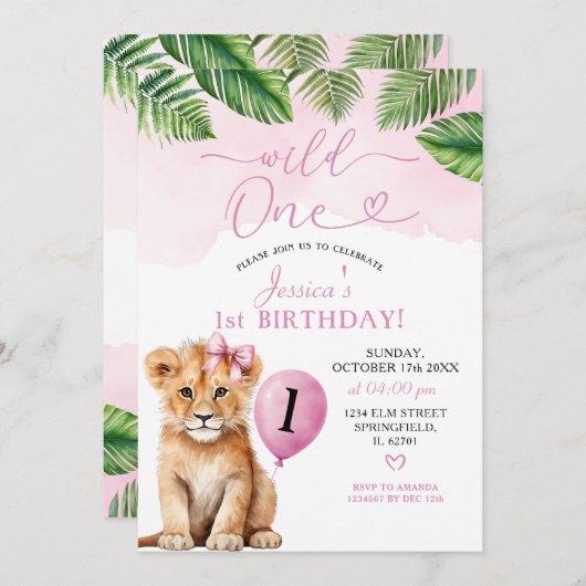 ライオンウィズピンクボウサファリワイルドワン誕生日 招待状 (正面/裏面)