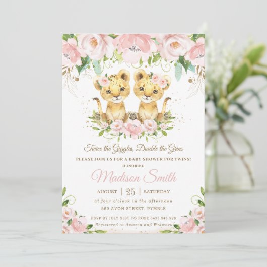 ライオンカブス赤面ピンクフローラツインズベビーシャワー 招待状 (スタンド正面)