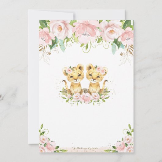 ライオンカブス赤面ピンクフローラツインズベビーシャワー 招待状 (裏面)