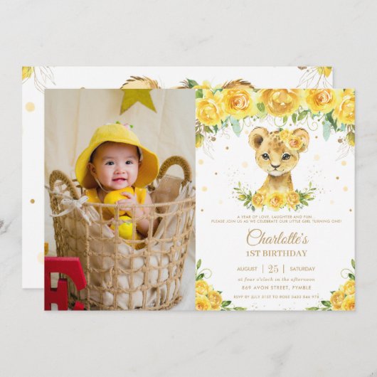 ライオンクブイエローフローラ金ゴールド1stバースデーフォト 招待状 (正面/裏面)