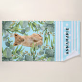 ライオンクブカワイイティール（緑がかった色）トロピカルレインフォレスト ビーチタオル (正面)