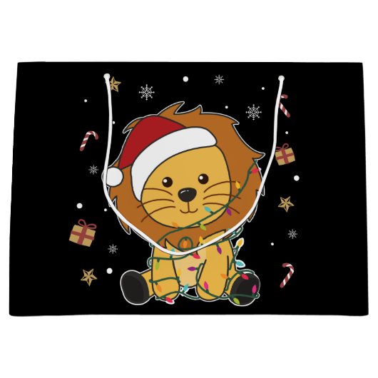 ライオンクリスマススノーウィンターアニマルズライオンズラージGif ラージペーパーバッグ (正面)