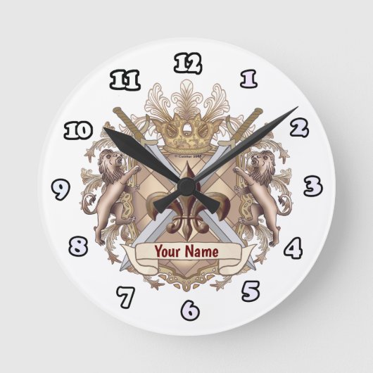 ライオングリフィンシールド名字 ラウンド壁時計 (正面)