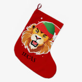 ライオンサファリおもしろいー動物サンタのクリスマスコスチューム ラージクリスマスストッキング (正面 (吊り時))