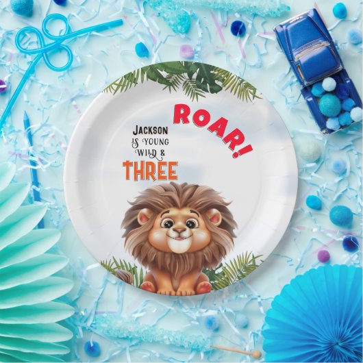 ライオンサファリワイルド&スリー子供の誕生日 ペーパープレート (パーティー)