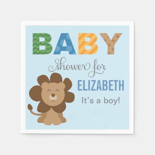 ライオンジャングルアニマル男の赤ちゃんシャワーブルー スタンダードカクテルナプキン (正面)