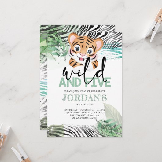 ライオンジャングルキュート5位誕生日招待状 招待状 (正面/裏面インサイチュ)