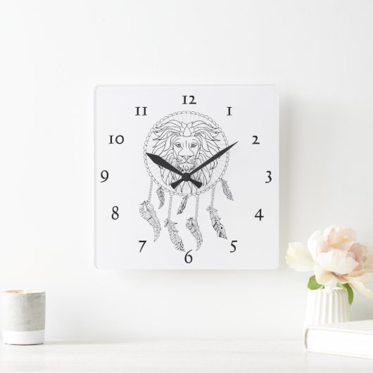 ライオンズはドリームキャッチャーで黒白で頭を下げる スクエア壁時計 (ホーム)