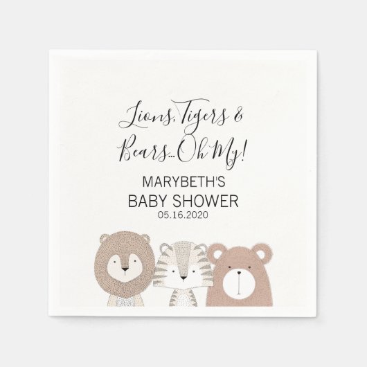 ライオンズタイガース&ベアーズアニマルベビーシャワーナプキン スタンダードカクテルナプキン (正面)