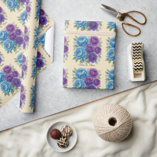 ライオンズブルー牡丹とフィグパープルバラ結婚ズ ラッピングペーパー (クラフト)