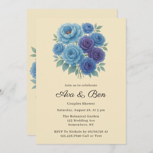 ライオンズブルー牡丹&フィグパープルバラカップルのシャワー 招待状 (正面/裏面)