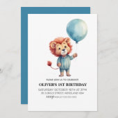 ライオンセージブルーバルーンボーイズ1st誕生日パーティー 招待状 (正面/裏面)