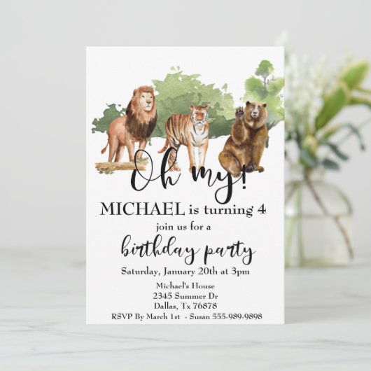 ライオンタイガーベアーオーマイジャングルテーマ水色 招待状 (スタンド正面)