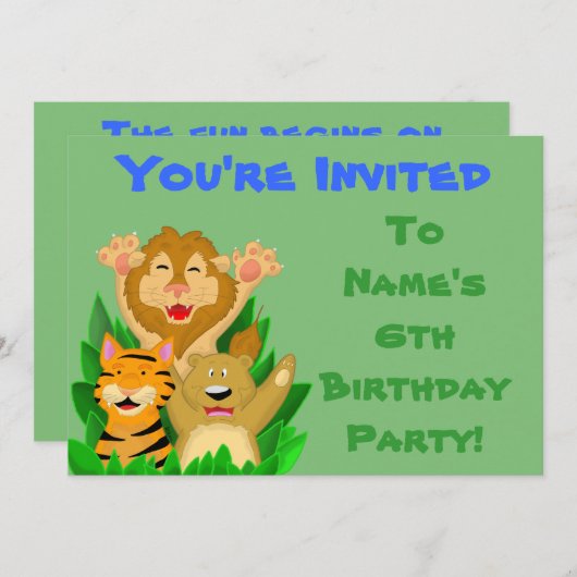 ライオンタイガーベア子供の誕生日パーティの招待状 招待状 (正面/裏面)