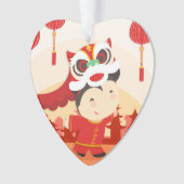 ライオンダンスキ中国のッド旧正月ハートAO オーナメント (正面)