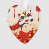 ライオンダンスキ中国のッド旧正月ハートAO オーナメント (正面)