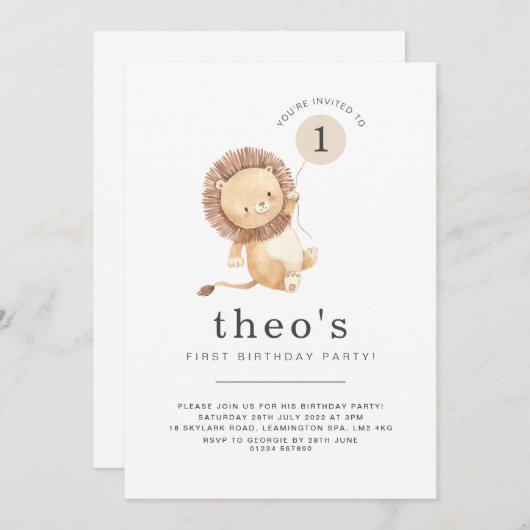 ライオンバルーンファースト誕生日招待状 招待状 (正面/裏面)