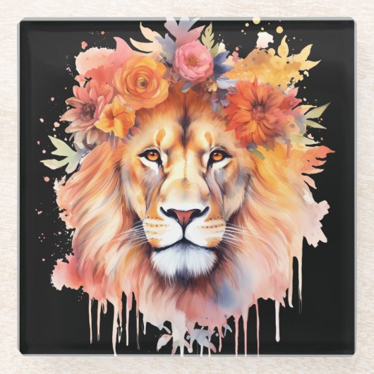 ライオンパステルフラワーズサファリウォーターカラーサバンナキャット ガラスコースター (正面)