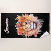 ライオンパステルフラワーズサファリウォーターカラーサバンナキャット ビーチタオル (正面)