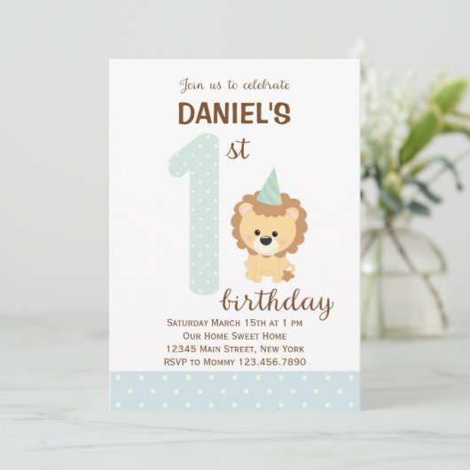 ライオンファースト誕生日招待状(青) 招待状 (スタンド正面)