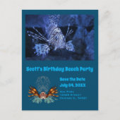 ライオンフィッシュ漫画誕生日ビーチパーティー写真 インビテーションポストカード (正面)