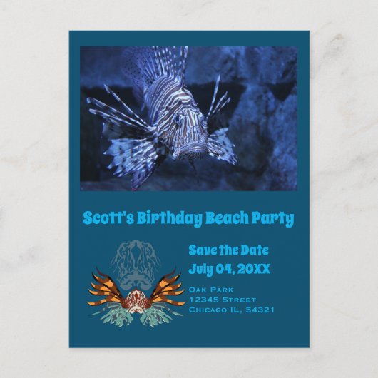 ライオンフィッシュ漫画誕生日ビーチパーティー写真 インビテーションポストカード (正面)