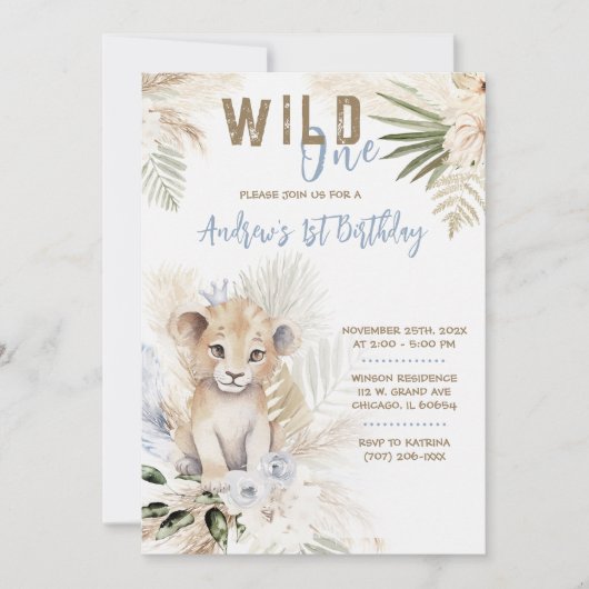 ライオンプリンス1歳の誕生日テンプレート 招待状 (正面)
