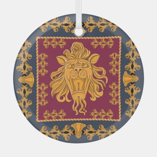 ライオンヘッドスカーフ：金色のモチーフ。 ガラスオーナメント (正面)