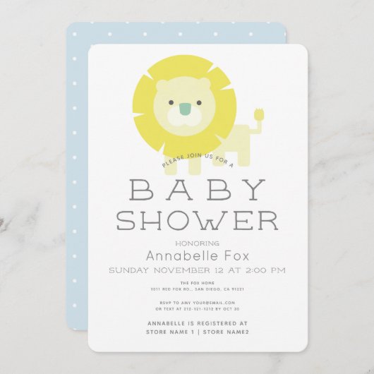 ライオンベビーブルーボーイベビーシャワー招待状 招待状 (正面/裏面)