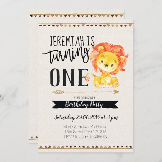 ライオンボーイファースト誕生日パーティーへの招待 招待状 (正面/裏面)