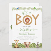 ライオンボーイ赤ちゃんシャワーサファリ動物ジャングル離れ 招待状 (正面/裏面)