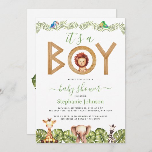 ライオンボーイ赤ちゃんシャワーサファリ動物ジャングル離れ 招待状 (正面/裏面)