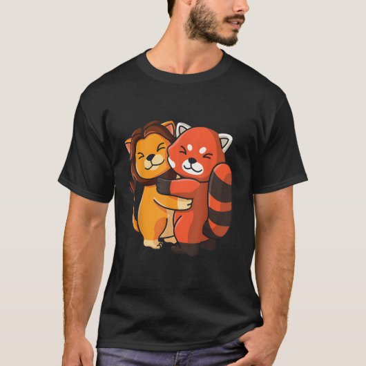 ライオンレッドパンダハグかわいい動物 Tシャツ (正面)