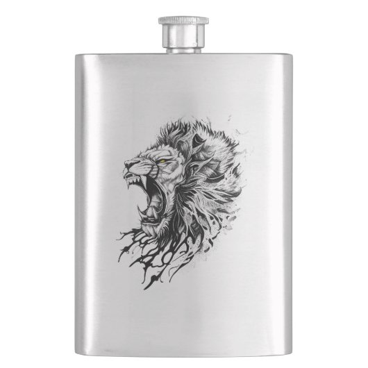 ライオンワイルドアニマル自然イラストレーションアートタトゥー フラスク (正面)