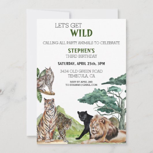 ライオン大きな猫ジャングルサファリワイルド誕生日 招待状 (正面)